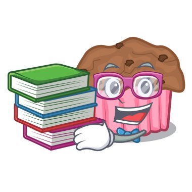 Öğrenci bir maskot plaka vektör çizim üzerinde kitap çikolatalı kek ile