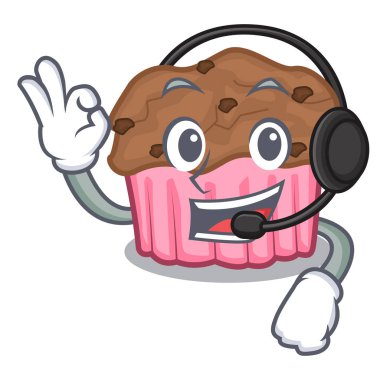 Bir maskot plaka vektör çizim üzerinde kulaklık çikolatalı kek ile