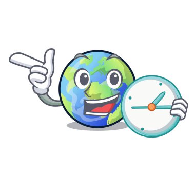 Saat earth ile yukarıda gökyüzü maskot vektör çizim