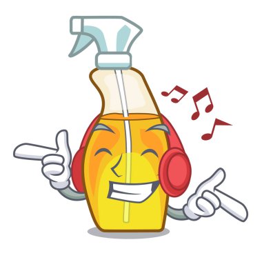 Maskot tablo vektör çizim üzerinde dinleme müzik püskürtülen ilaç şişe