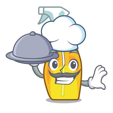 Şef yemek sprey şişesinde maskot tablo vektör çizim ile