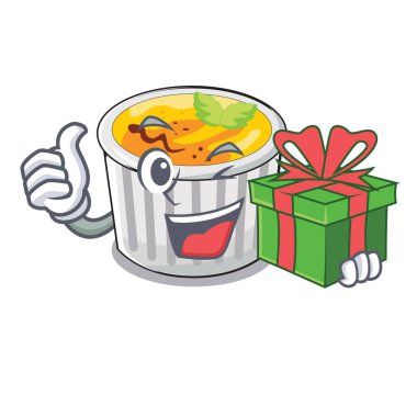 Hediye creme brulee ile ahşap karakter tablo vektör çizim üzerinde