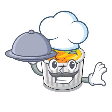 Şef ile gıda creme brulee ahşap karakter tablo vektör çizim üzerinde