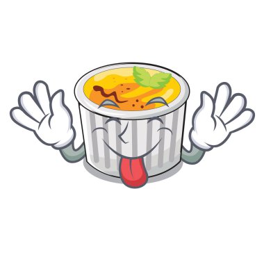 Maskot plaka vektör çizim üzerinde hizmet creme brulee dışarı dil