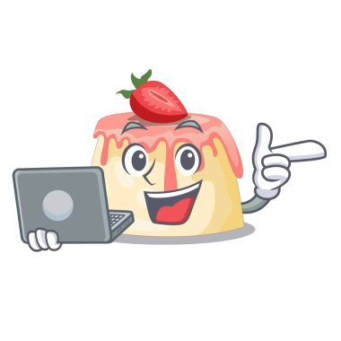 Laptop ile ahşap karikatür kase vektör çizim çilek puding