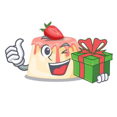 Hediye ev yapımı çilekli puding ile karakter kurulu vektör çizim üzerinde