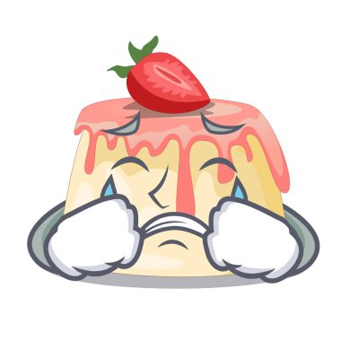 Ev yapımı çilekli puding karakter kurulu vektör çizim üzerinde ağlıyor