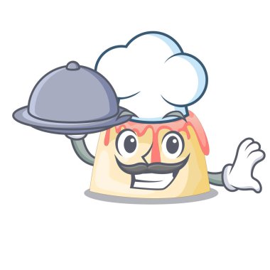 Şef ile gıda ev yapımı çilekli puding karakter kurulu vektör çizim üzerinde