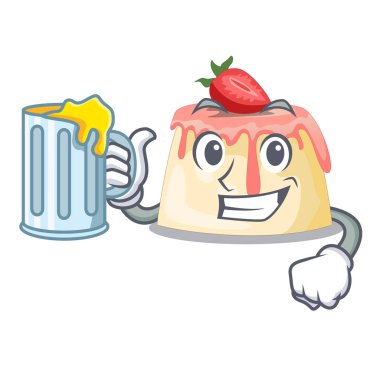 Suyu ev yapımı çilekli puding ile karakter kurulu vektör çizim üzerinde