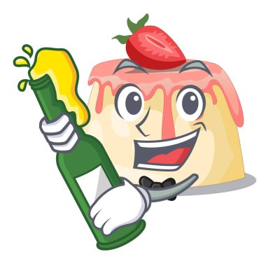 Bira ile çilek puding maskot plaka vektör çizim üzerinde hizmet.