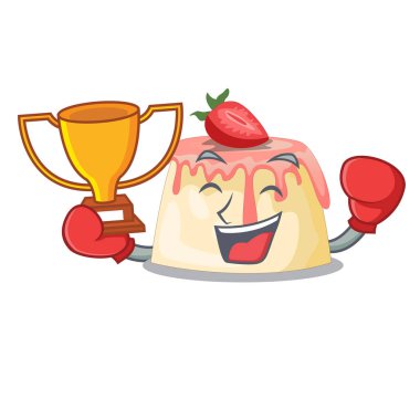 Boks şampiyonu çilek puding maskot plaka vektör çizim üzerinde hizmet