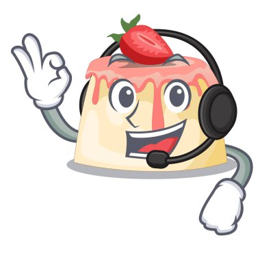 Kulaklık ile çilek puding maskot plaka vektör çizim üzerinde hizmet.