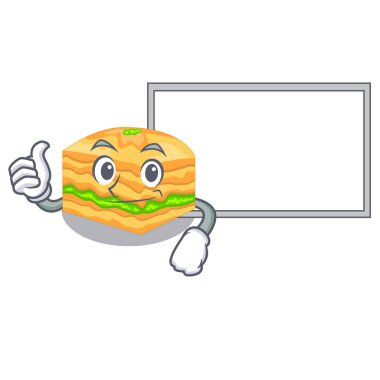 Başparmak yukarıya kurulu karikatür baklava ile plaka vektör çizim üzerinde servis edilir