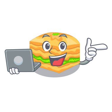 Laptop ile karikatür baklava tabak vektör çizim üzerinde servis edilir