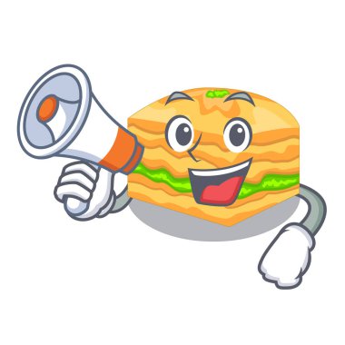 Megafon karikatür ile baklava tabak vektör çizim üzerinde servis edilir