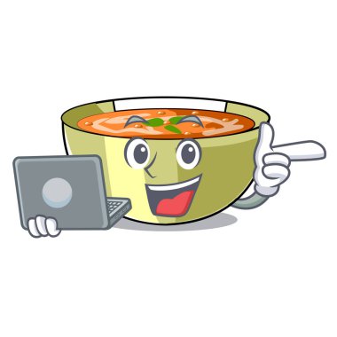 Bir maskot kase vektör çizim ile dizüstü mercimek çorbası