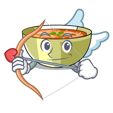 Aşk tanrısı mercimek çorbası bir maskot kase vektör çizim içinde