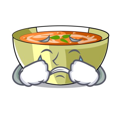 Mercimek çorbası karakter ahşap masa vektör çizim üzerinde ağlıyor