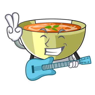 Gitar mercimek çorbası ile karakter ahşap masa vektör çizim üzerinde