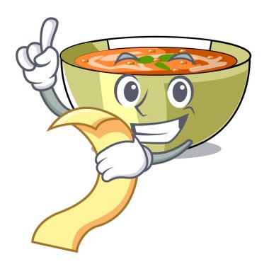 Menü mercimek çorbası ile karakter ahşap masa vektör çizim üzerinde