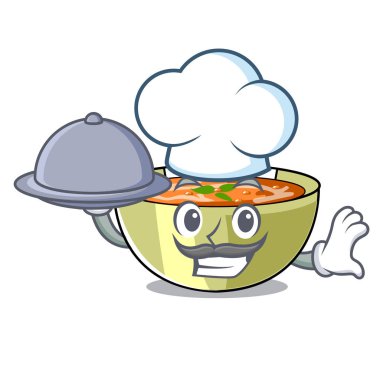 Şef yemek mercimek çorbası üzerinde karakter ahşap masa vektör çizim ile