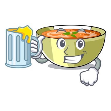 Suyu mercimek çorbası ile karakter ahşap masa vektör çizim üzerinde