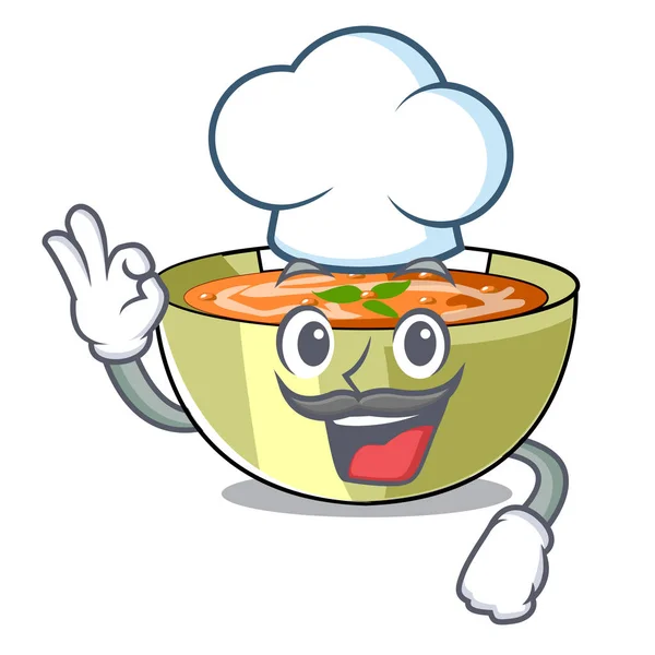 Chef Cartoon Lentil Sup Siap Disajikan Vektor Ilustrasi - Stok Vektor