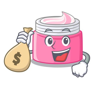 With money bag face cream on wooden cartoon table vector illustration