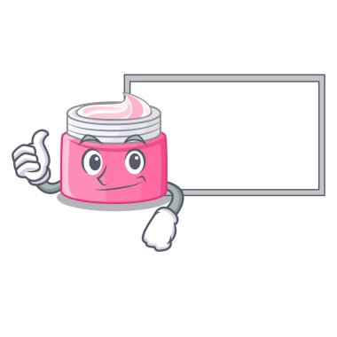 Başparmak yukarıya ahşap karikatür tablo vektör çizim üzerinde kurulu yüz kremi ile