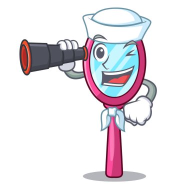 Denizci karakter tuvalet masası vektör çizim üzerinde dürbün ayna ile