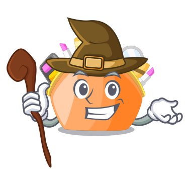 Cadı kozmetik çantası maskot tuvalet masası vektör çizim yukarıda