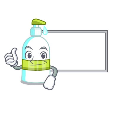 Başparmak yukarıya karakter şişelerde kurulu sıvı sabunla illustratrion vektör