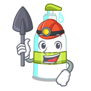 Madenci sıvı sabun ile maskot vektör çizim üzerinde izole