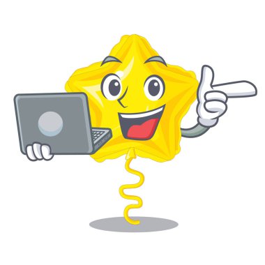 Laptop ile yıldız balon uçakla maskot gökyüzü vektör çizim oldu.