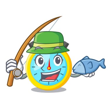 Stowatch bir maskot ahşap masa vektör çizim üzerinde balık tutma