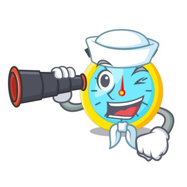 Denizci bir maskot ahşap masa vektör çizim üzerinde dürbün stowatch ile