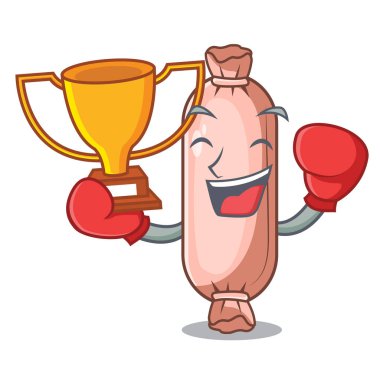 Maskot yatak vektör çizim üzerinde yukarıda boks şampiyonu destekleri