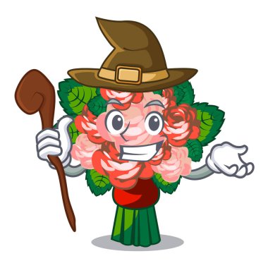 Cadı çiçek buketi üzerinde maskot vektör çizim ile izole