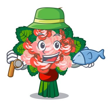 Çiçek buketi üzerinde maskot vektör çizim ile izole Balık tutma