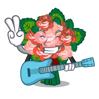 Gitar çiçek buketi ile maskot vektör çizim ile izole