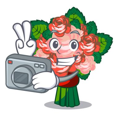 Fotoğrafçı çiçek buketi üzerinde maskot vektör çizim ile izole