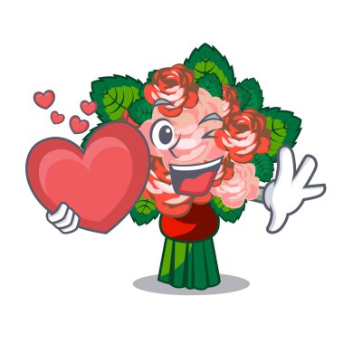 Maskot vektör çizim ile izole kalp çiçek buketi ile