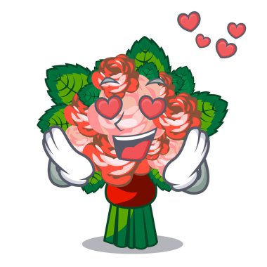 Sevgi çiçek buket üzerinde maskot vektör çizim ile izole