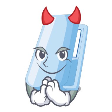 Ahşap masa vektör çizim yukarıda üzerinde şeytan karikatür zımbalar