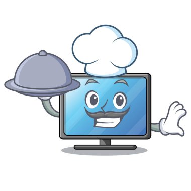 Şef gıda ile lcd tv maskot vektör çizim şeklinde