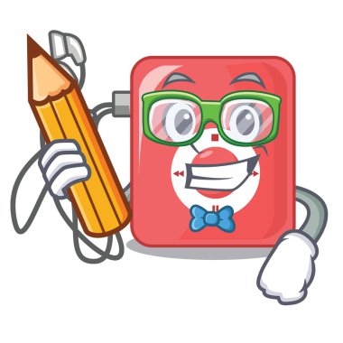 Öğrenci yüklü mp3 çalar ahşap masa vektör çizim yukarıda