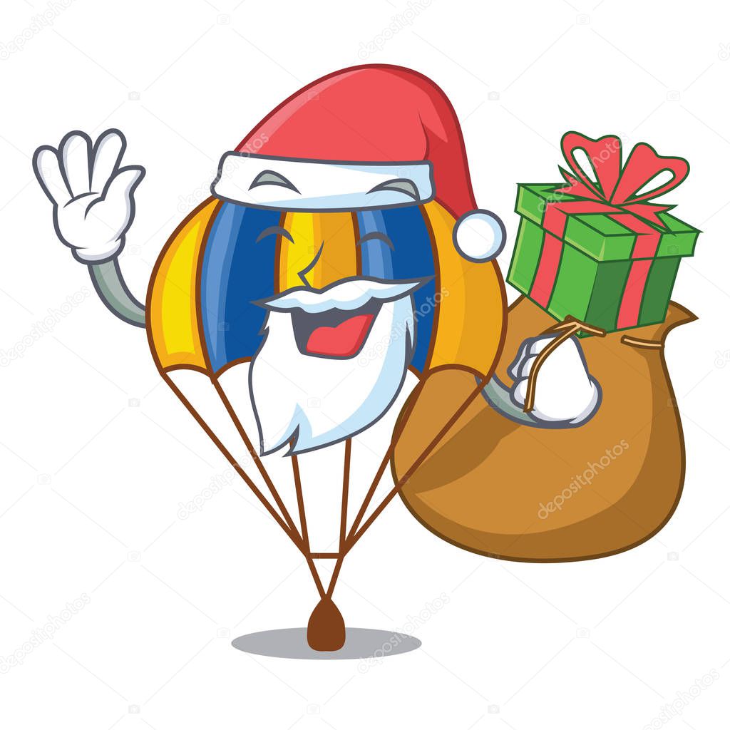 Santa with gift parachute in shape of acartoon fuuny vector illustration