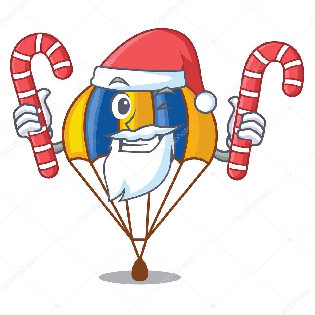 Santa with candy parachute in shape of acartoon fuuny vector illustration