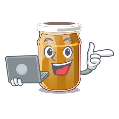 Bir karakter kavanoz vektör çizim ile dizüstü badem ezmesi