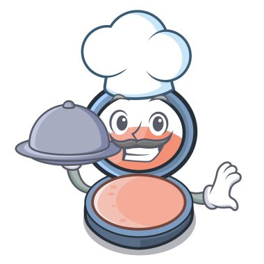 Şef ile gıda blosh maskotu tuvalet masası vektör çizim üzerinde